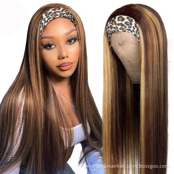 Cheap Raw Indian Virgin Human Hair Wigs Bulk Highlight  Headband Hair Wig 180% Density Human Hair Brown Straight Headband Wig